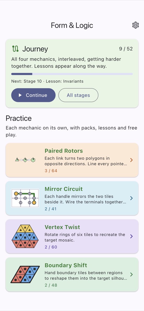 Home screen with the Journey and the four mechanic cards.